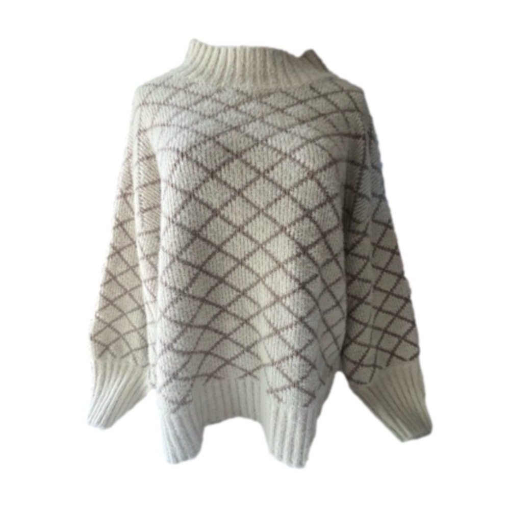 Lola B Stretchy Tan & Cream Geometric Mock Neck Long Sleeve Sweater XL